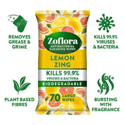 Zoflora 70 Lemon Zing antibacterial wipes (British brand)