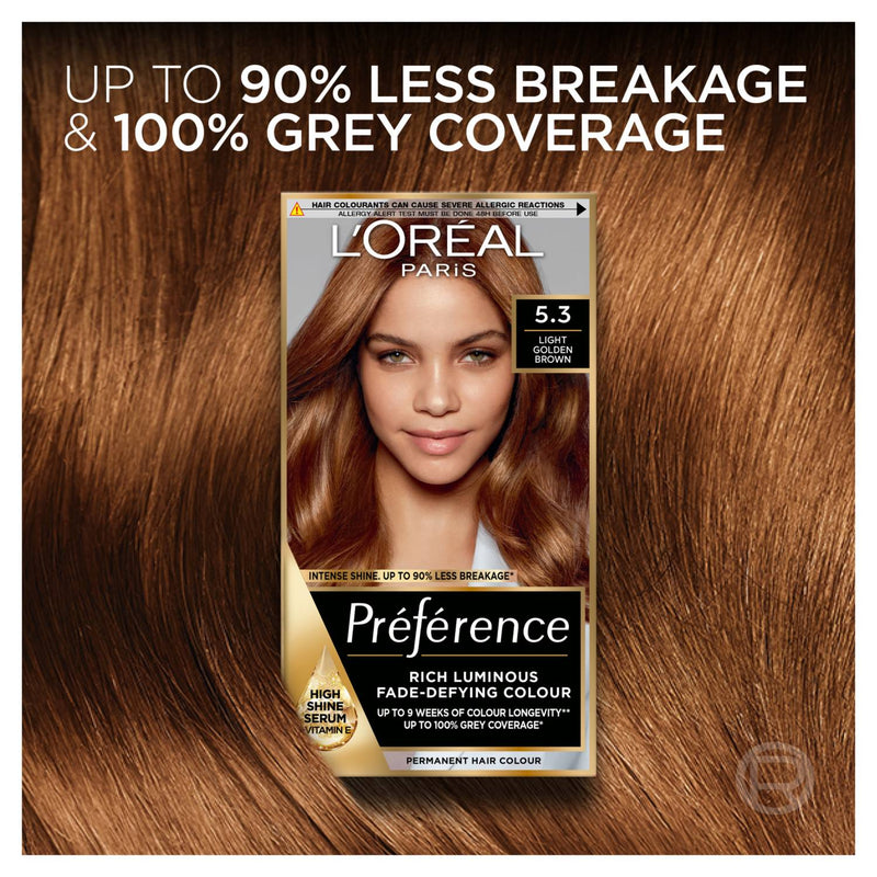 L'Oreal Preference permanent hair colour 5.3 Light Golden Brown, UK version