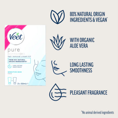 Veet hair removal cream kit for face sensitive skin 2 x 50ml (British brand)