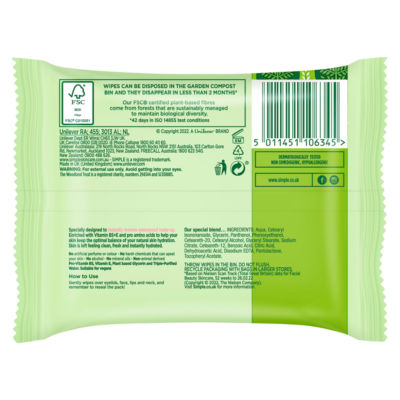 Simple unscented facial wipes 7 wipes (British brand)