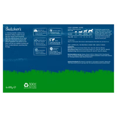 Butcher's tripe wet dog food 6x400g, imported from the UK