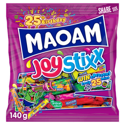 Maoam Joystixx fruit and cola flavour chewy sweets 140g sharing bag, imported from the UK