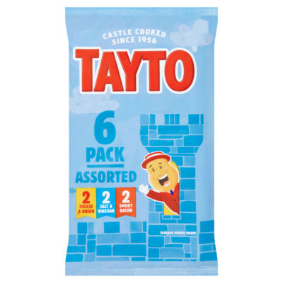 Tayto assorted flavour potato crisps multipack 6 x 25g, imported from the UK