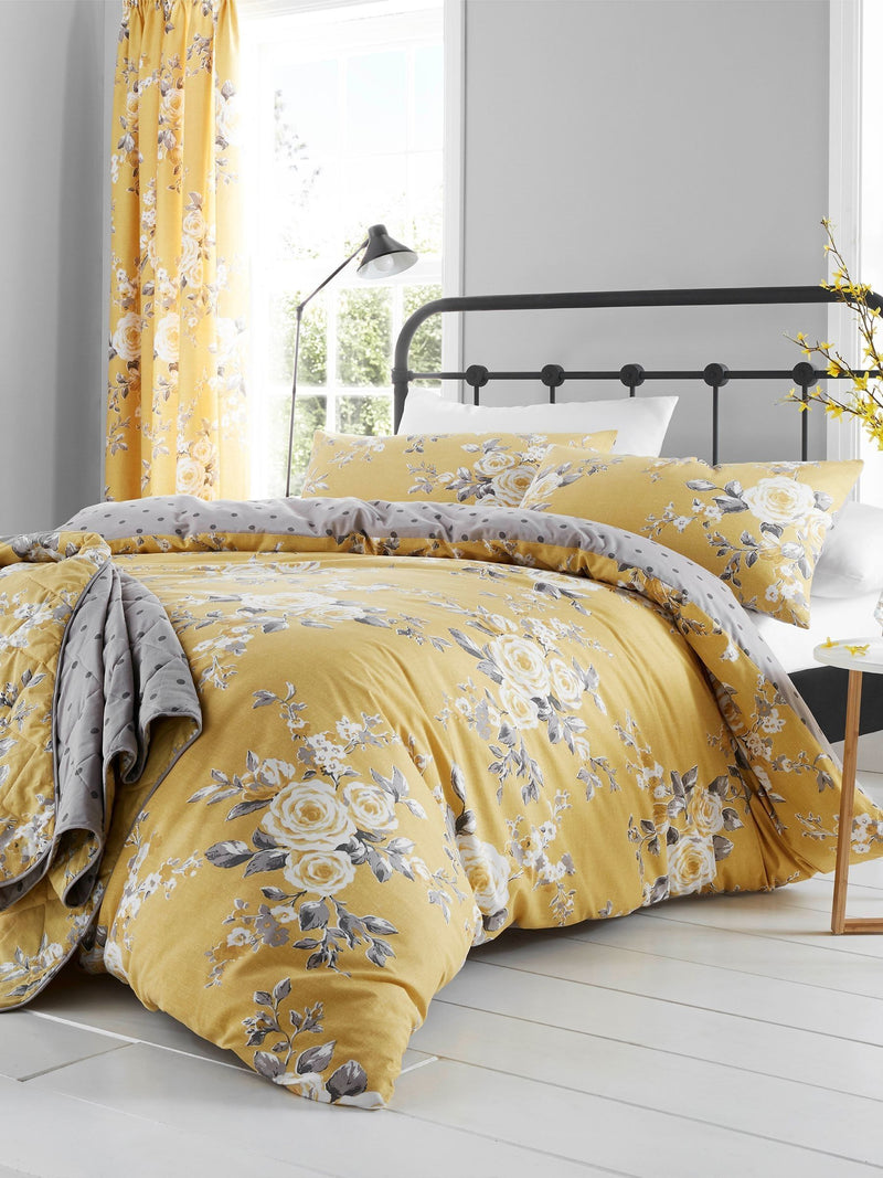 Catherine Lansfield ochre yellow Canterbury floral duvet cover - British product