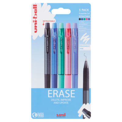 Mitsubishi Pencil erasable gel pens 5-pack with black, blue, red, pink, violet (British brand)