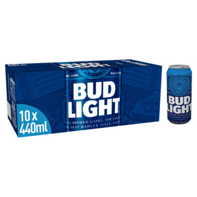 Bud Light lager beer 10x440ml cans (British brand)