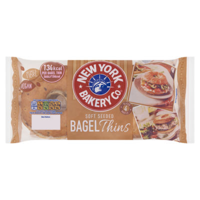 New York Bakery seeded bagel thins 4 pack, imported from the UK