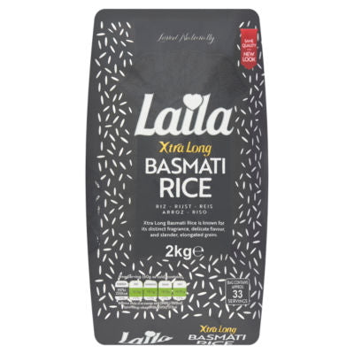Laila Xtra Long Basmati Rice 2kg retail pack, UK version