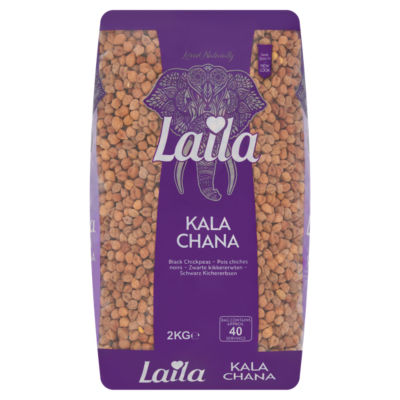 Laila brand black chickpeas 2kg packaging, UK version