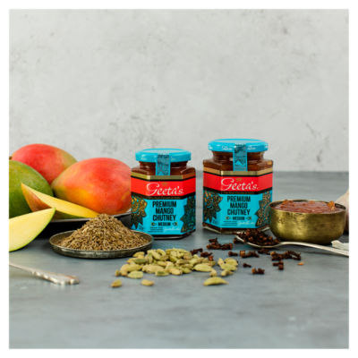 Geeta's Premium Mango Chutney jar packaging holding 230g, UK version