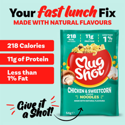 Mug Shot chicken & sweetcorn noodles 54g, imported from the UK