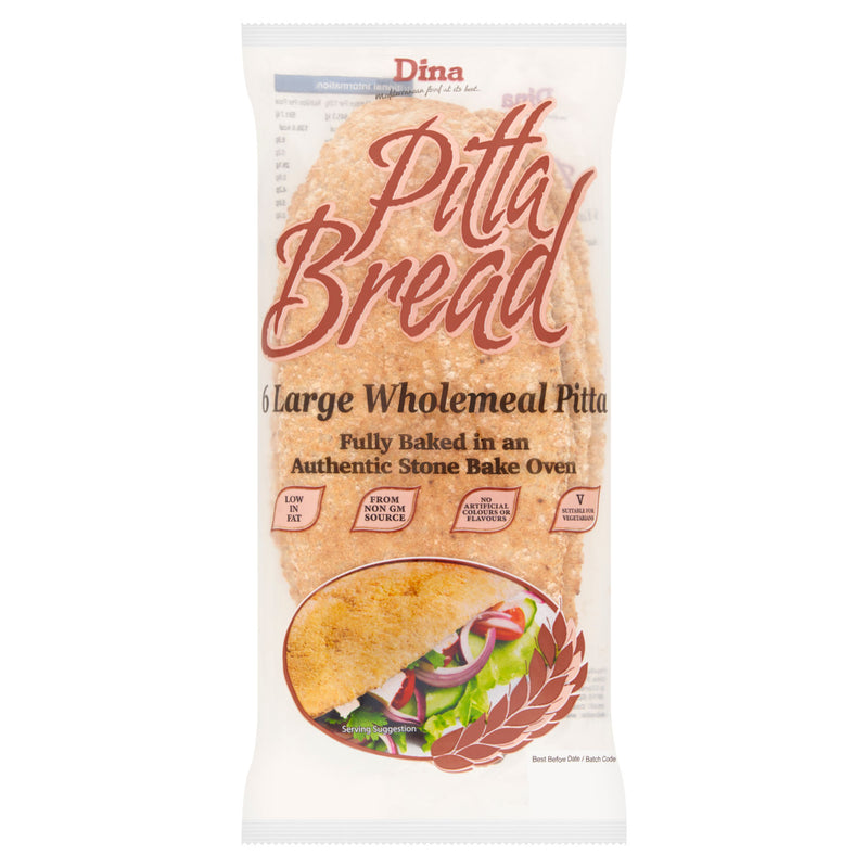 Dina wholemeal pitta bread large pack of 6 - British product