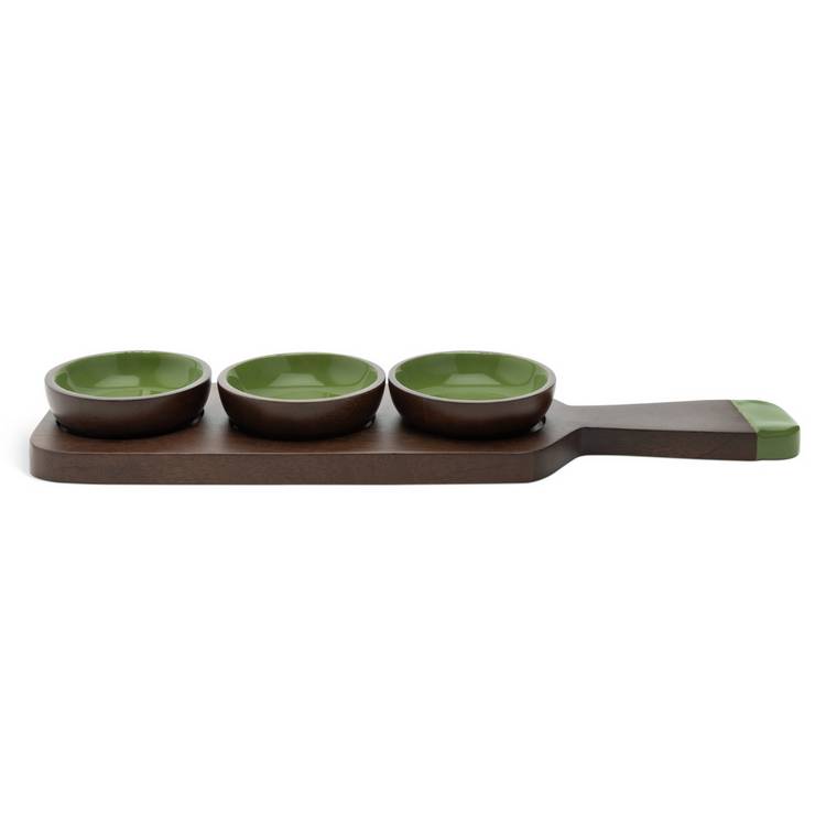 Habitat x Scion 3 piece green dip bowls with mango wood board, imported from the UK