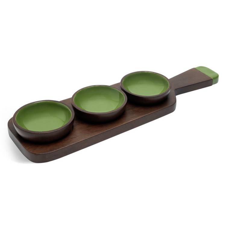 Habitat x Scion 3 piece green dip bowls with mango wood board, imported from the UK