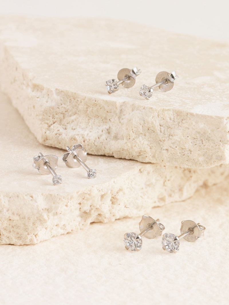 Sterling silver crystal stud earrings 3-pack with 2mm, 3mm, 4mm studs (British brand)
