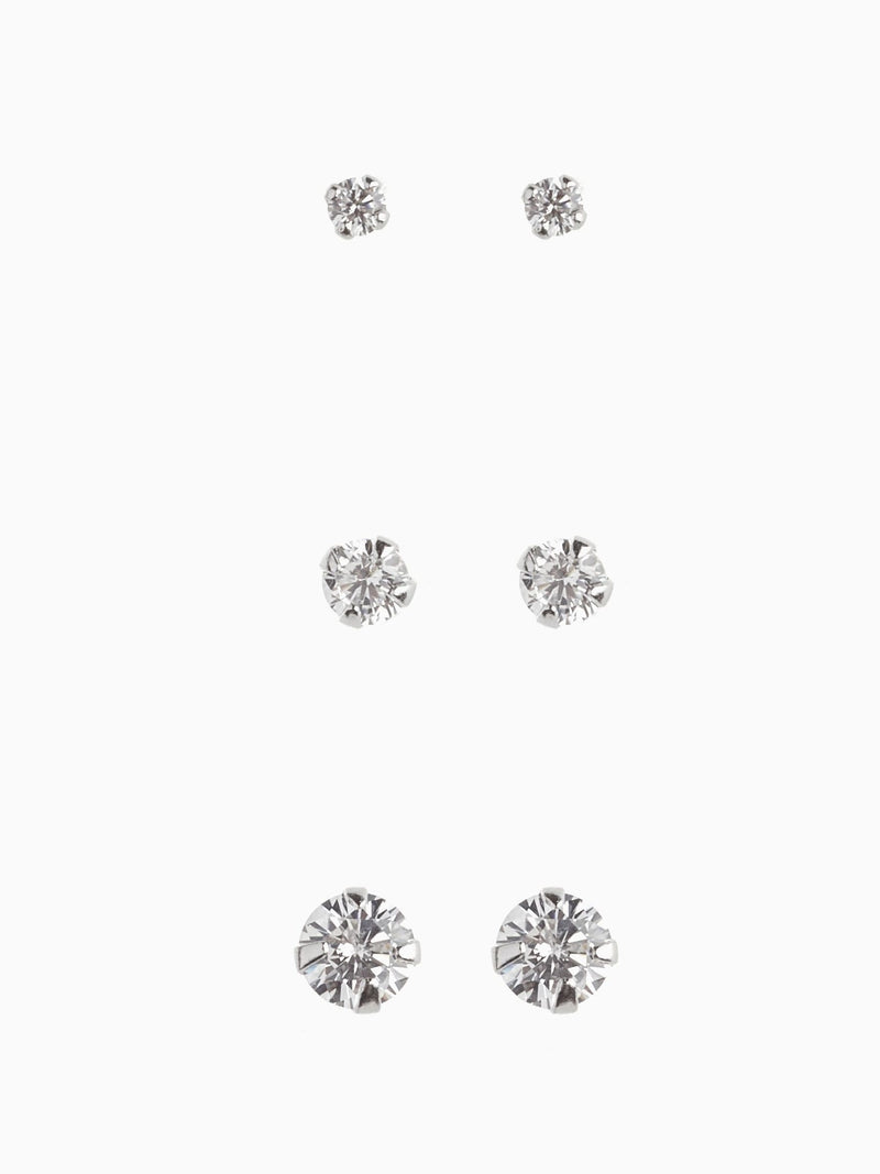 Sterling silver crystal stud earrings 3-pack with 2mm, 3mm, 4mm studs (British brand)