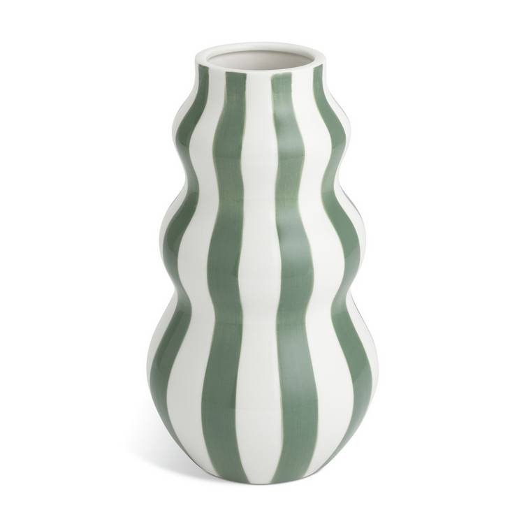 Habitat hand painted stripe vase green 25cm, imported from the UK
