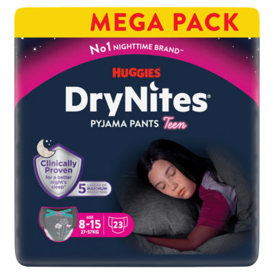 ASDA Huggies DryNites Pyjama Pants Teen Age 8-15 27-57kg Mega Pack 23 Count Night Time Protection- Buy online at McGrocer