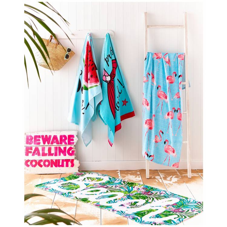 Catherine Lansfield blue flamingo beach towel, imported from the UK