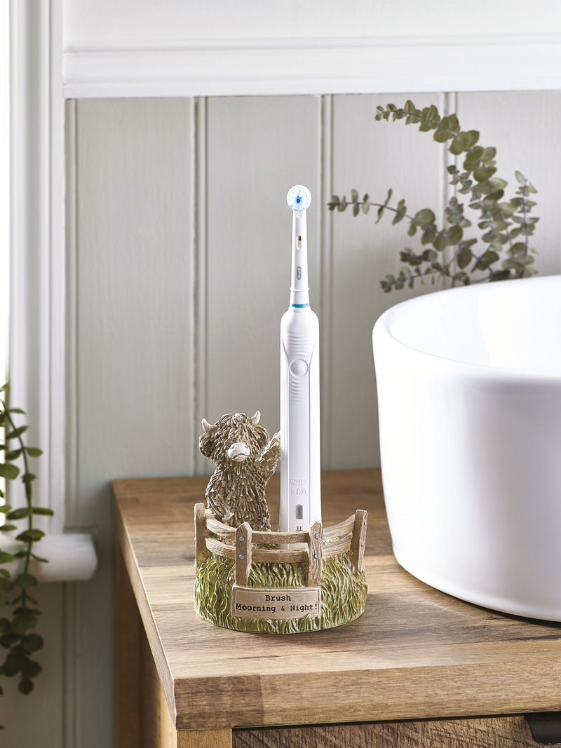 Electric toothbrush holder with Hamish the Highland Cow design - British product