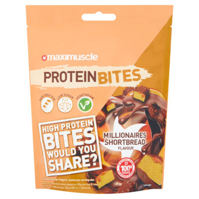 MaxiMuscle protein bites Millionaires Shortbread flavour 110g (British brand)
