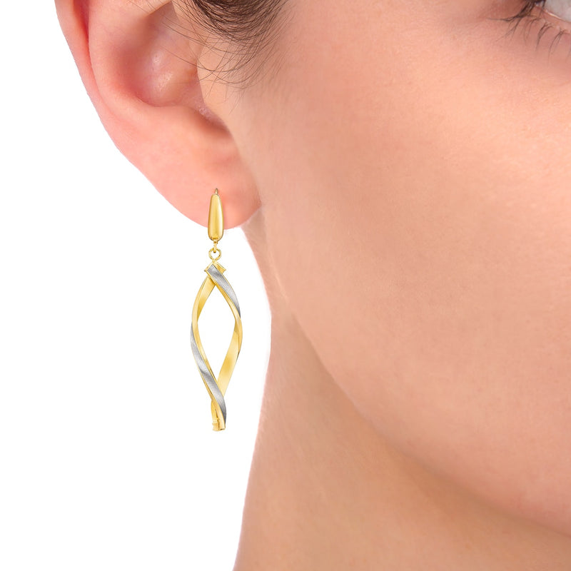 14ct two tone gold twisted dangle earrings, imported from the UK