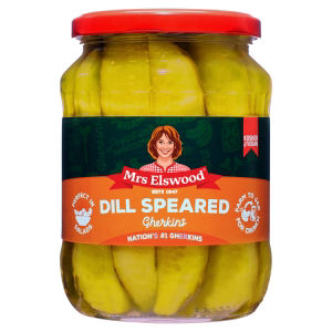 Mrs Elswood dill speared gherkins 670g, imported from the UK