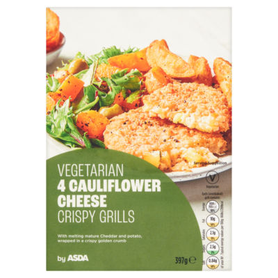ASDA Asda Vegetarian Cauliflower Cheese Crispy Grills 4 Pack Frozen 397g- Buy online at McGrocer