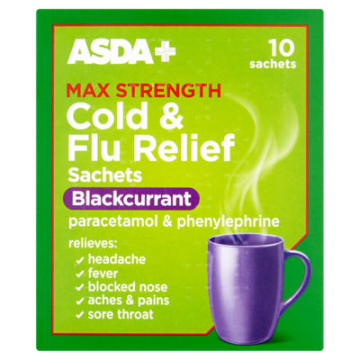 ASDA Max Strength cold flu sachets blackcurrant 10 pack, imported from the UK