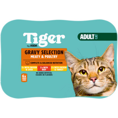ASDA Tiger Gravy Selection Meaty & Poultry adult cat wet cat food 6 x 400g (British brand)
