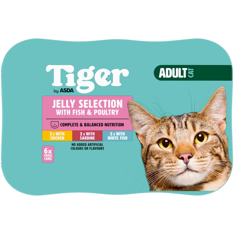 Tiger by ASDA cat food fish poultry jelly selection 6x400g (British brand)