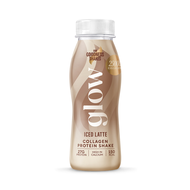 For Goodness Shakes Glow Collagen protein shake Iced Latte 250ml, imported from the UK