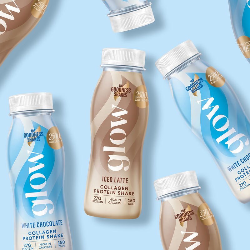 For Goodness Shakes Glow Collagen protein shake Iced Latte 250ml, imported from the UK