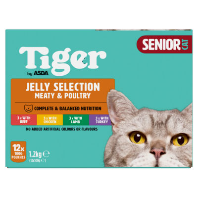 Tiger wet cat food Meaty & Poultry Selection in Jelly 8+ Years 12 x 100g (British brand)