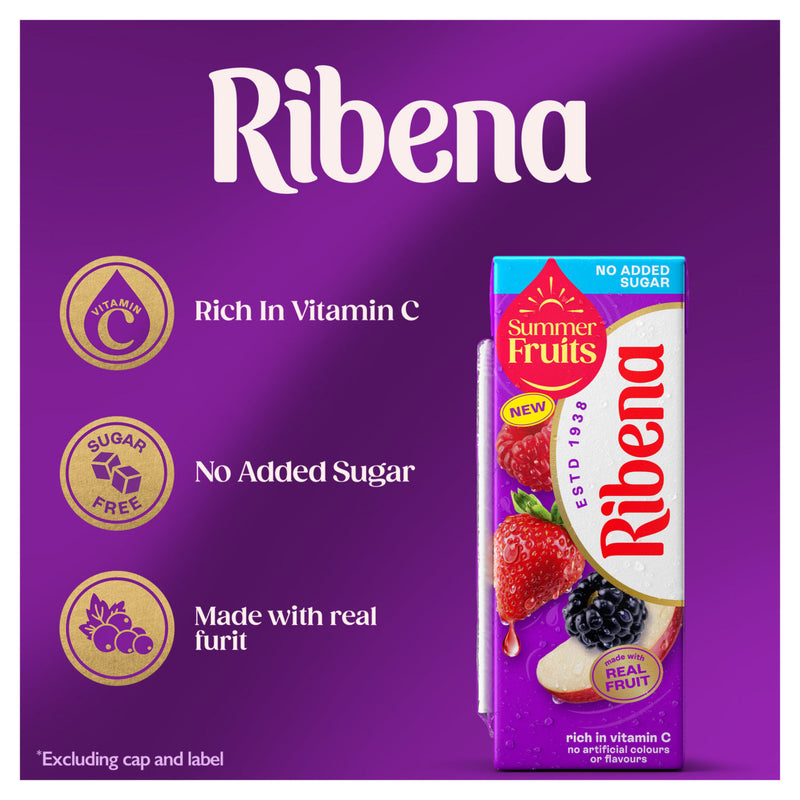 Ribena Summer Fruits no added sugar juice drink 6x250ml cartons - British product