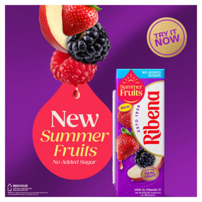 Ribena Summer Fruits no added sugar juice drink 6x250ml cartons - British product