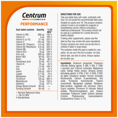Centrum Performance Multivitamins and Minerals 30 Tablets - British product