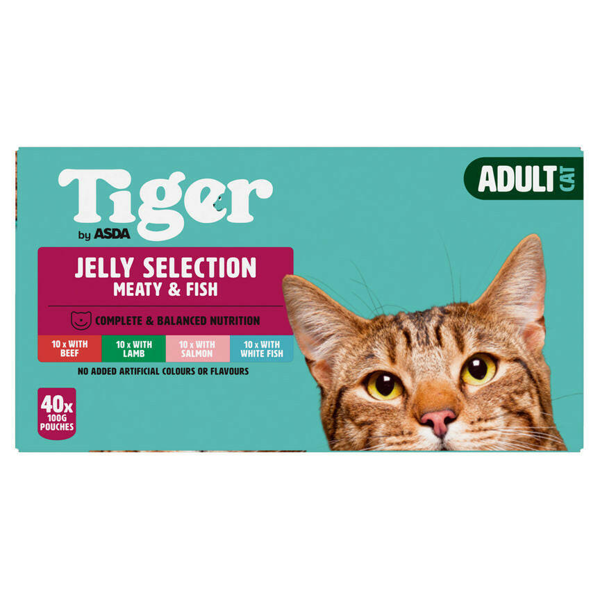 Tiger by ASDA Adult Cat Food Jelly Selection Meaty & Fish 40 x 100g Pouches GOODS ASDA
