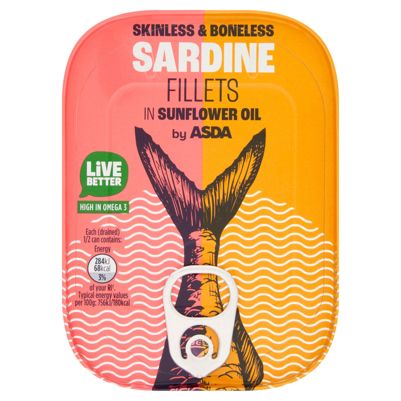 ASDA skinless and boneless sardine fillets in sunflower oil 106g - British product