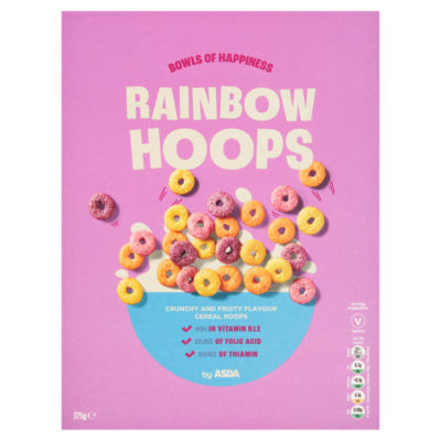 ASDA Rainbow Hoops fruity flavour multigrain cereal 375g - British product