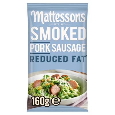 Mattessons smoked pork sausages reduced fat 160g, imported from the UK