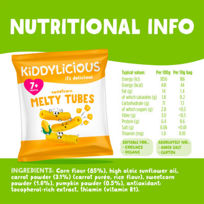 Kiddylicious sweetcorn melty tubes 40g, UK version