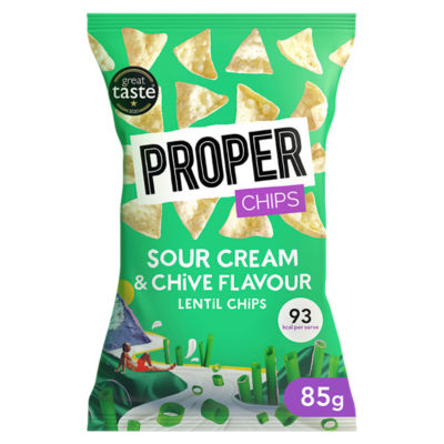 Properchips sour cream and chive lentil chips 85g, imported from the UK