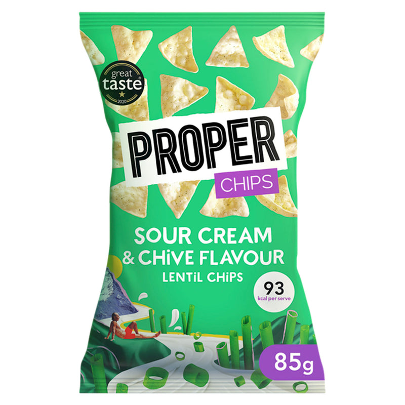 Properchips sour cream and chive lentil chips 85g, imported from the UK