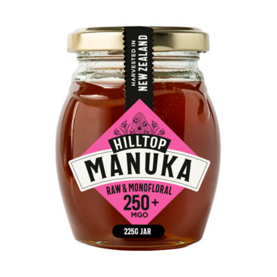 Hilltop Manuka raw monofloral honey 250+ MGO 225g jar, imported from the UK