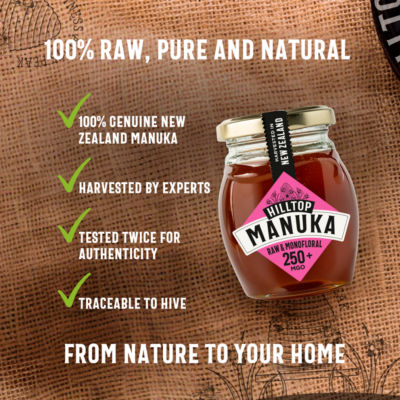 Hilltop Manuka raw monofloral honey 250+ MGO 225g jar, imported from the UK