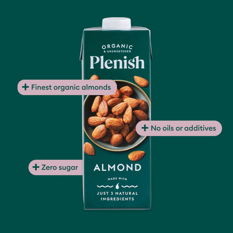 Plenish organic almond drink 1L, imported from the UK