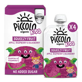 Piccolo Organic Kids Squeezy Fruit Apple, Raspberry & Blueberry 4 x 90g, imported from the UK