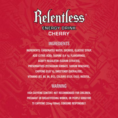 Relentless cherry energy drink 500ml, imported from the UK