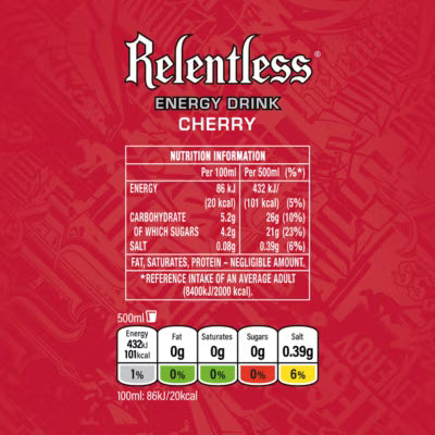Relentless cherry energy drink 500ml, imported from the UK